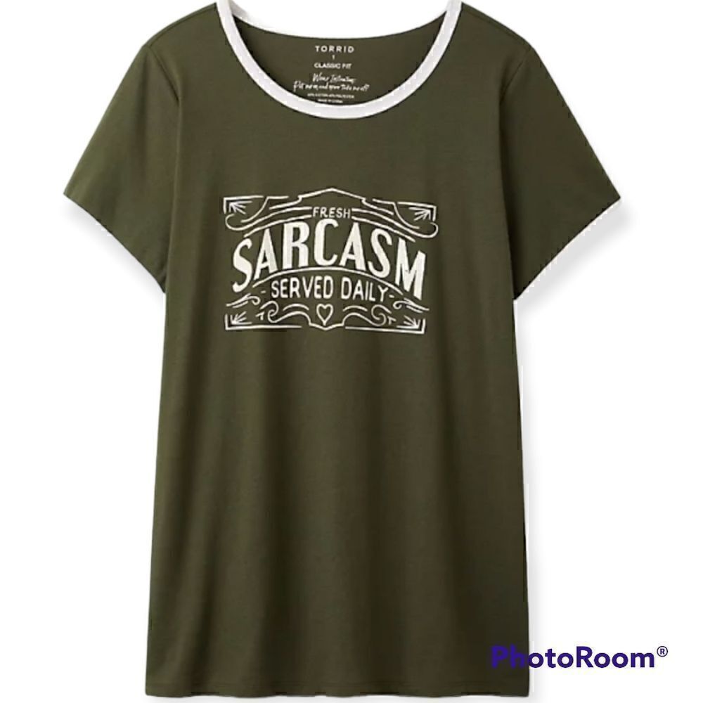 00X Medium 10W Torrid Olive Green Sarcasm Served Daily Ringer Tee Funny Gift
